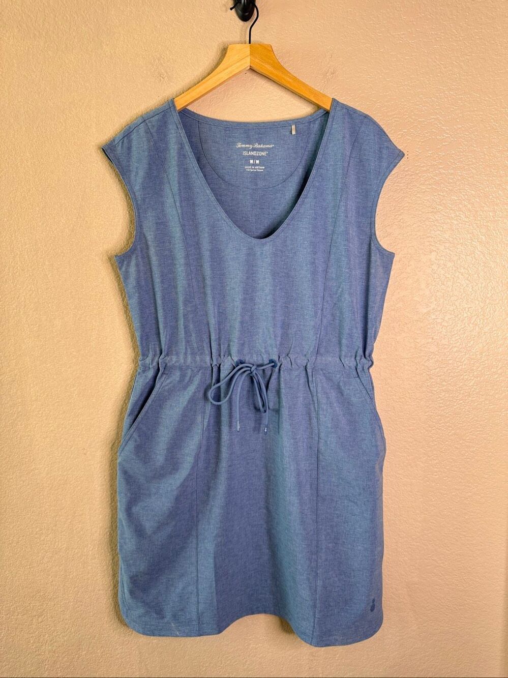 Tommy Bahama IslandZone Dress Womens M Blue Tie Waist Pockets V Neck Beachy